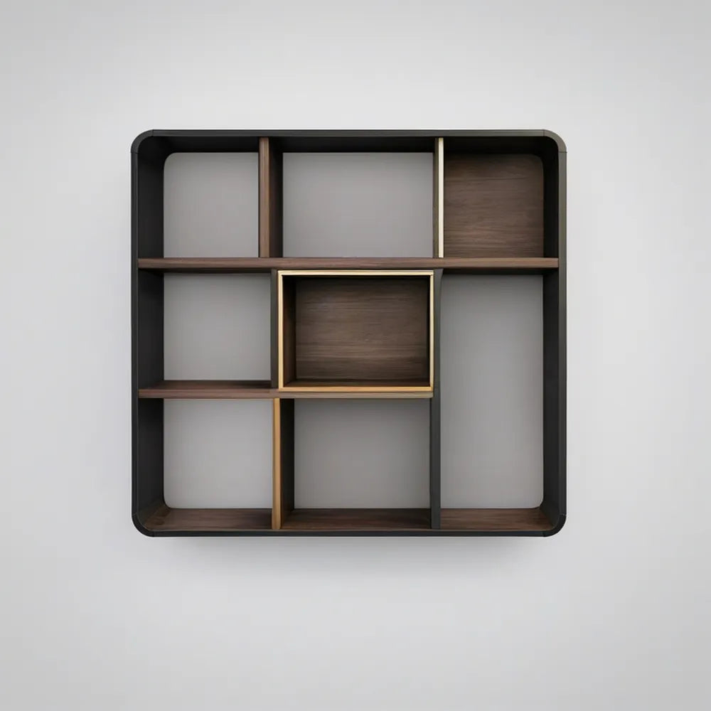 Wall-Mounted Bookcase, Black/Walnut/Bronze, 31.5 x 7.9 x 31.5 in, Engineered Wood and Steel