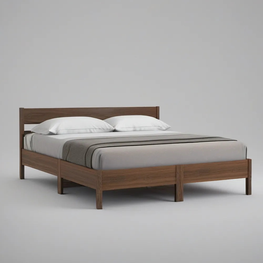 Queen Solid Rubberwood Platform Bed, Walnut Brown, Fits 80 x 60 in Mattress
