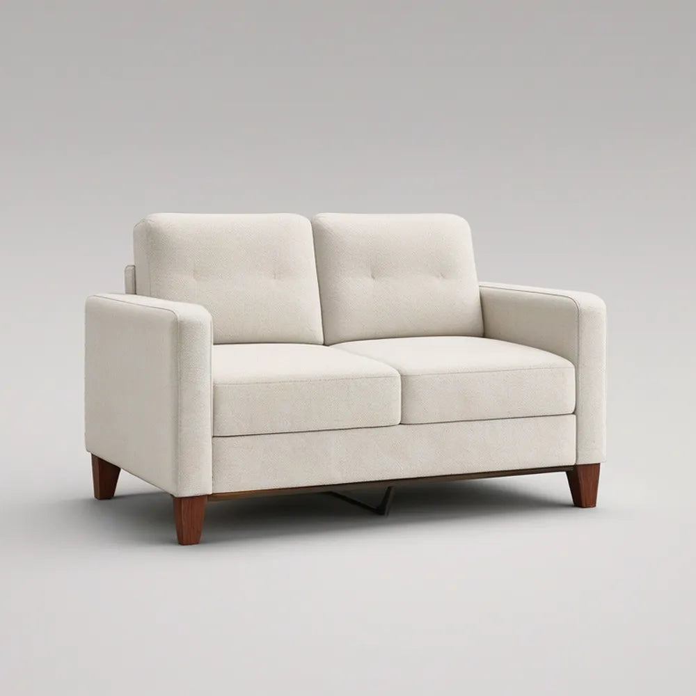 Cream Polyester Upholstered Loveseat with Dark Brown Rubberwood Legs, 57.1 x 31.5 x 33.1 in