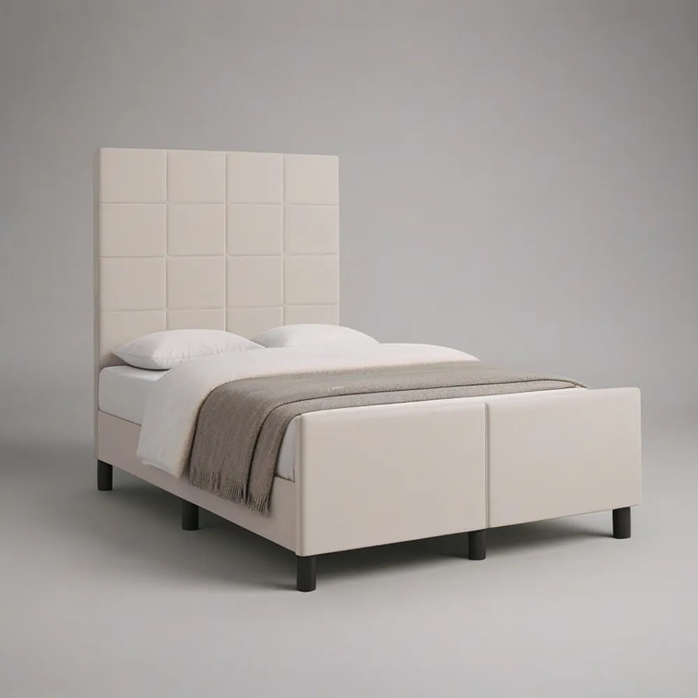 Queen Upholstered Platform Bed Frame, Ivory Polyester Fabric with Square-Panel Headboard, 60 x 80 in