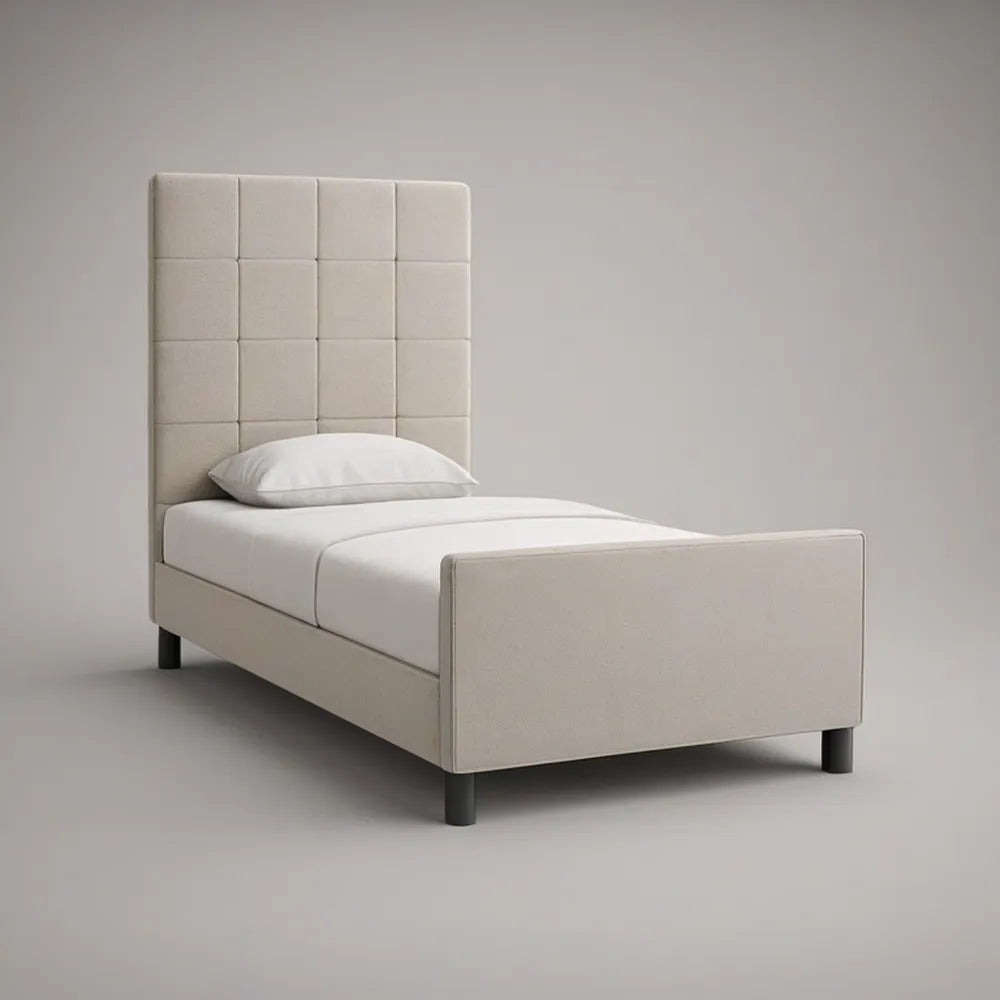 Twin Upholstered Bed Frame, 43 in W x 80 in L x 50 in H, Cream/Black