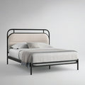 Queen Metal Platform Bed Frame with Ivory Upholstered Headboard, Black, 84 x 63 x 45 in