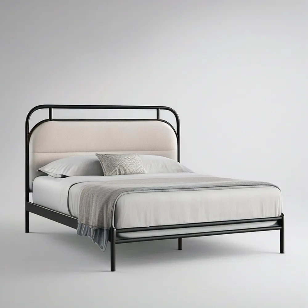 Queen Metal Platform Bed Frame with Ivory Upholstered Headboard, Black, 84 x 63 x 45 in