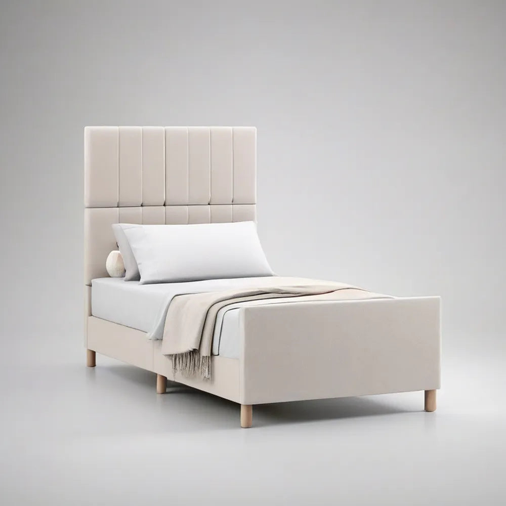Ivory Upholstered Twin Platform Bed Frame with Tall Channel-Tufted Headboard, 39 x 75 in
