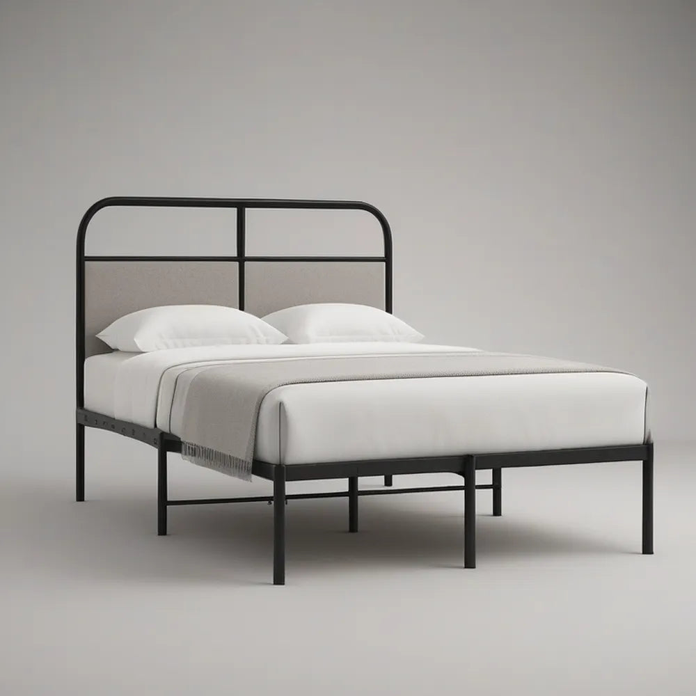 Queen Black Steel Platform Bed Frame with Rounded Headboard, 63 x 83 x 44 in