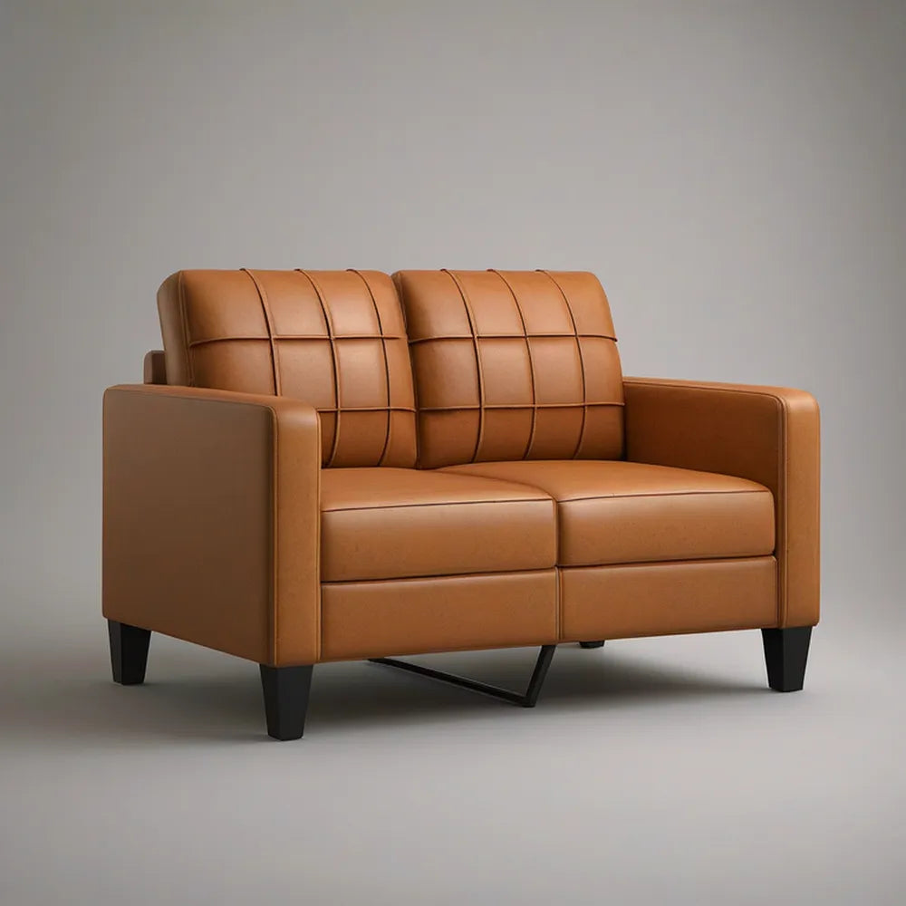Tan PU Leather Loveseat with Black Steel Legs, 57.1 in W x 33.5 in D x 34.3 in H