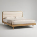 Queen Size Platform Bed Frame, 84 x 63 x 44 in, Natural Rubberwood with Beige Upholstered Headboard