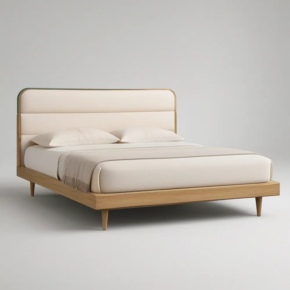 Queen Size Platform Bed Frame, 84 x 63 x 44 in, Natural Rubberwood with Beige Upholstered Headboard