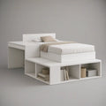 Queen White MDF Platform Bed with Open Storage, Side Desk and Bookshelves, 80 x 60 x 40 in