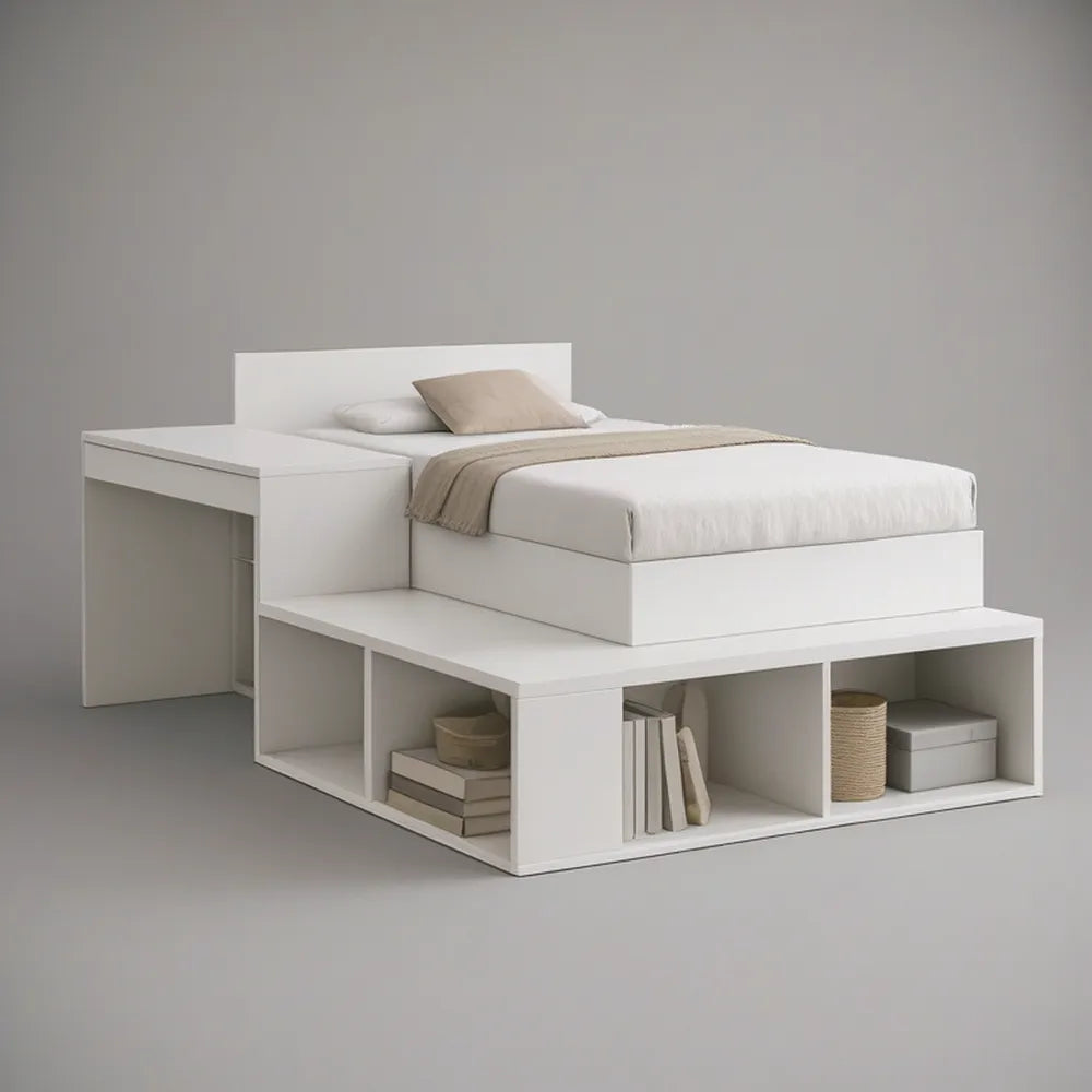 Queen White MDF Platform Bed with Open Storage, Side Desk and Bookshelves, 80 x 60 x 40 in