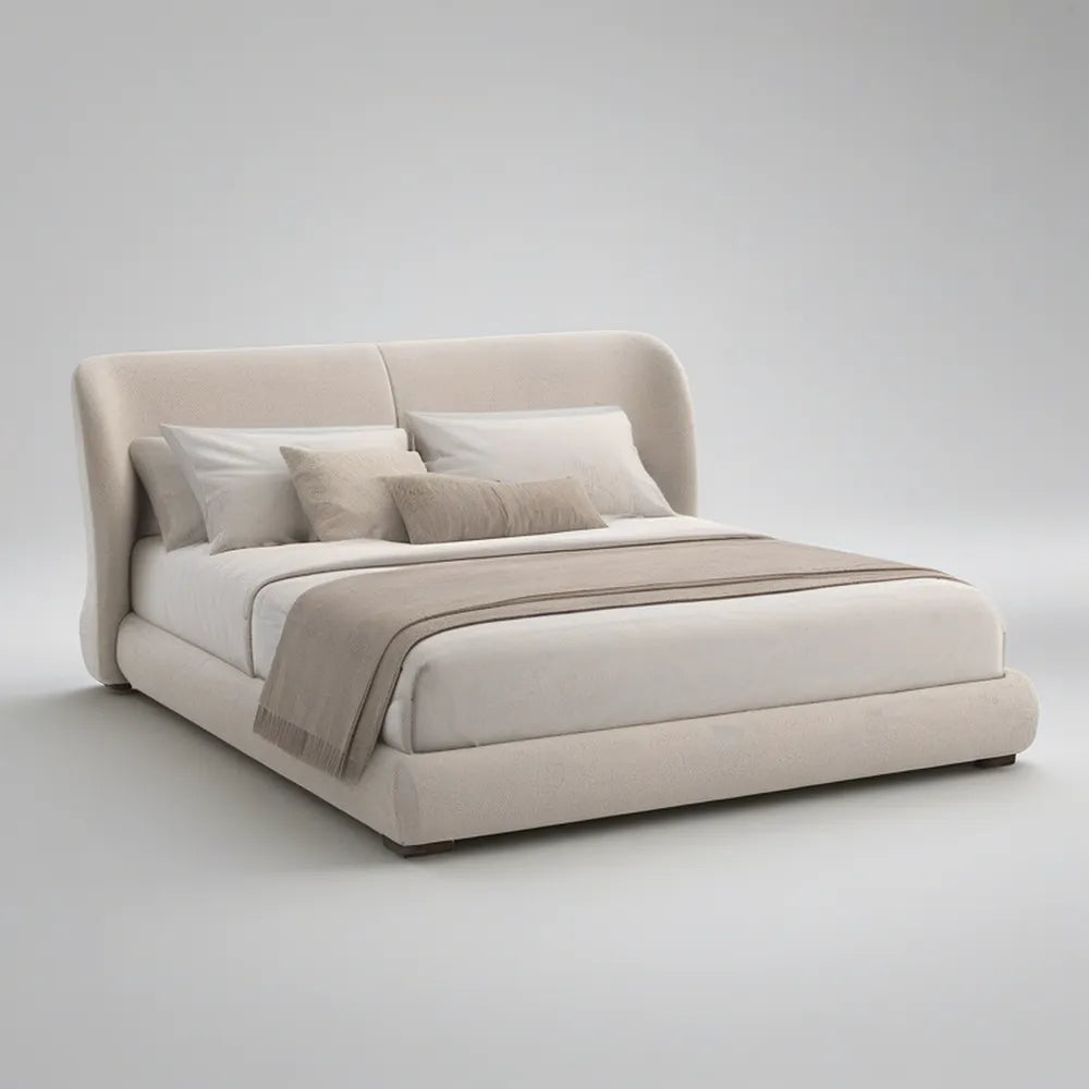 Queen Beige Upholstered Platform Bed Frame with Curved Headboard, 65 x 90 x 47 in
