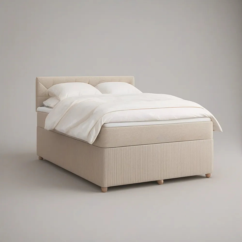 Queen Beige Polyester Upholstered Platform Bed with Geometric Headboard, 65 x 85 x 47 in