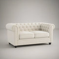 Ivory Faux Leather Chesterfield Loveseat with Black Feet, 71 x 35 x 30 in, 2-Seater