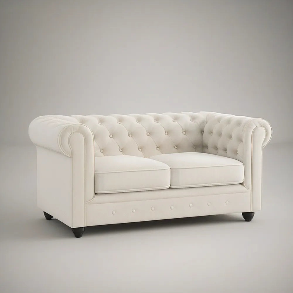 Ivory Faux Leather Chesterfield Loveseat with Black Feet, 71 x 35 x 30 in, 2-Seater
