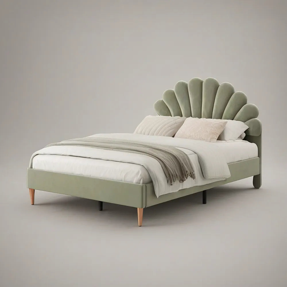 Queen Upholstered Platform Bed Frame with Sage Green Velvet Scalloped Headboard, 64 x 85 x 58 in