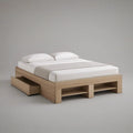 Queen Light Oak Platform Storage Bed Frame with Pull-Out Drawer and Open Shelves, 64 x 86 x 16 in