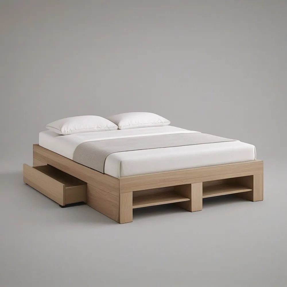 Queen Light Oak Platform Storage Bed Frame with Pull-Out Drawer and Open Shelves, 64 x 86 x 16 in