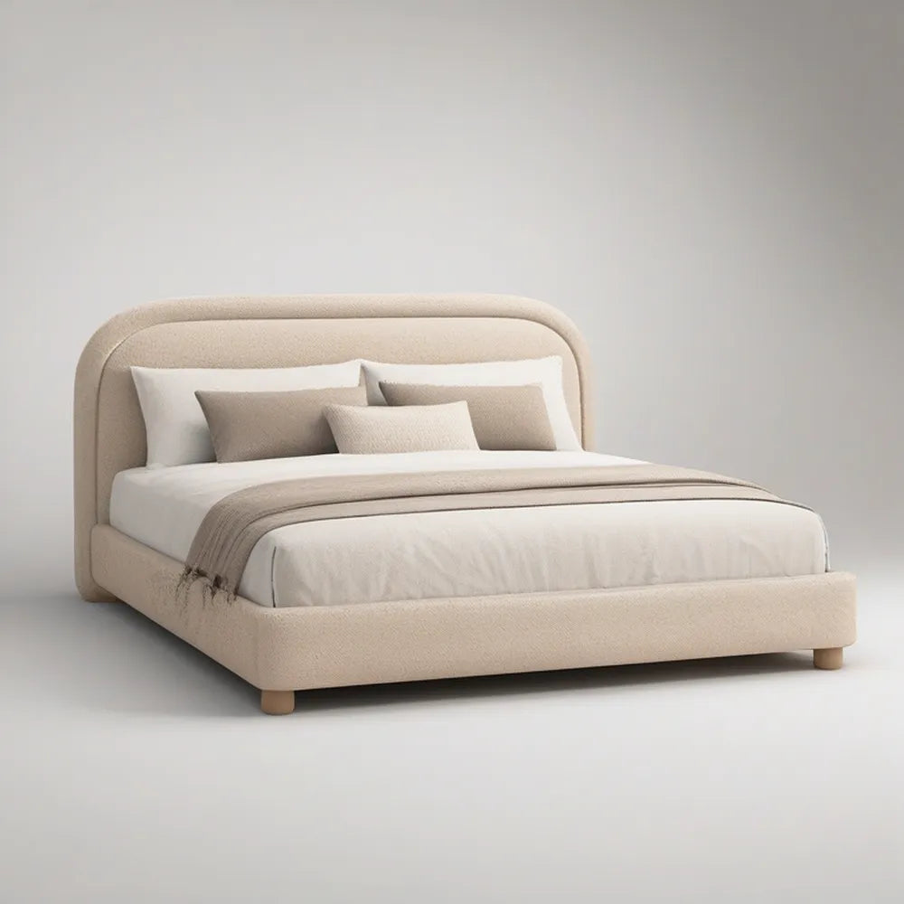 Queen Curved Boucle Upholstered Bed Frame, Beige, 60 x 80 in