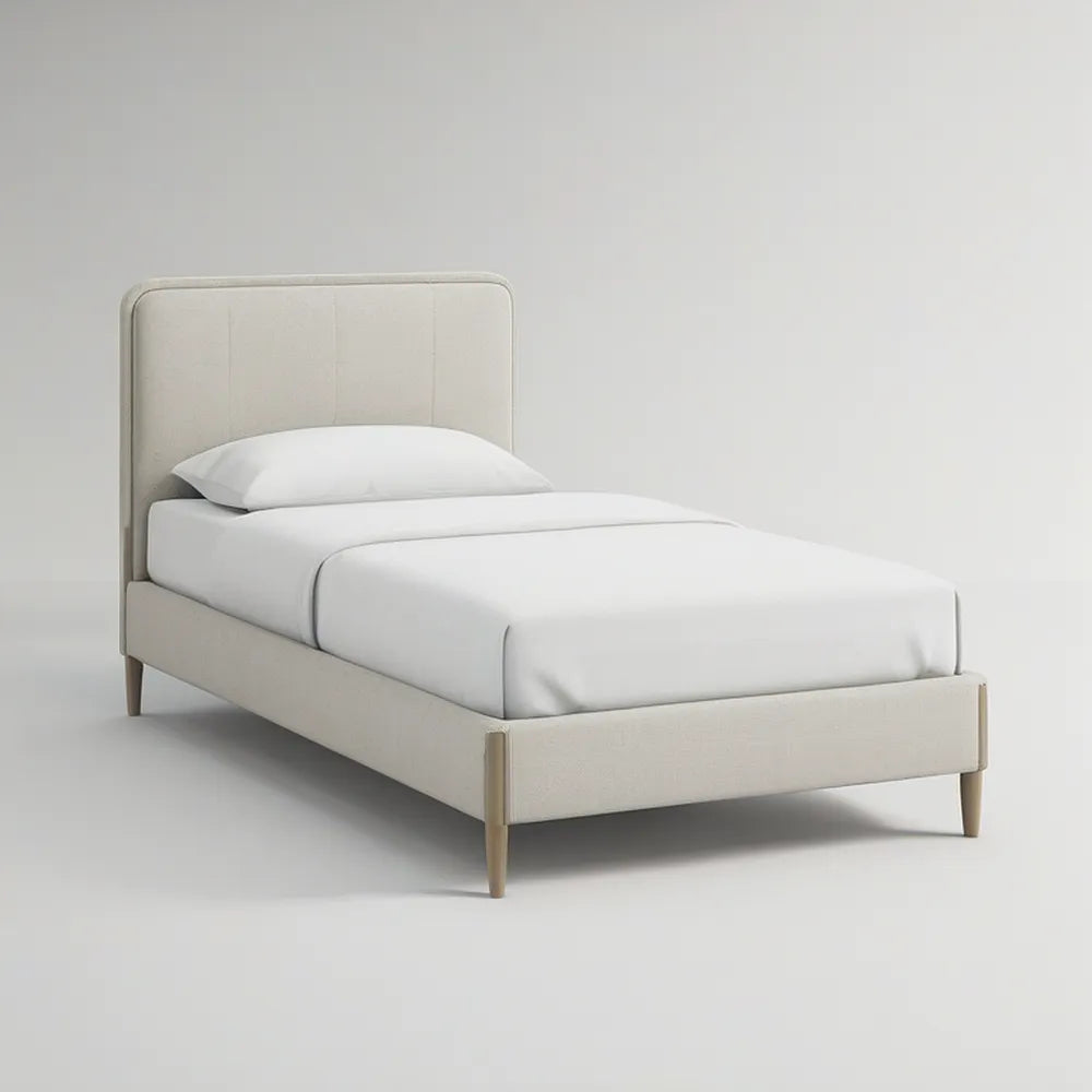 Twin Beige Upholstered Platform Frame with Channel-Tufted Headboard, 42 x 80 x 45 in