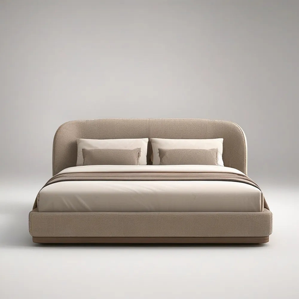 King Beige Upholstered Platform Bed Frame, 89 x 80 x 44 in, Curved Wingback Headboard