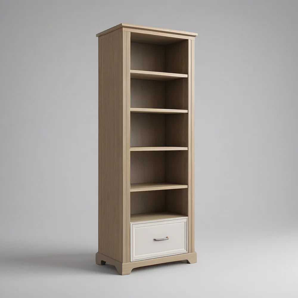 Tall 5-Tier Storage Unit with Bottom Drawer, Light Oak and White, 23.6 x 15.7 x 70.9 in
